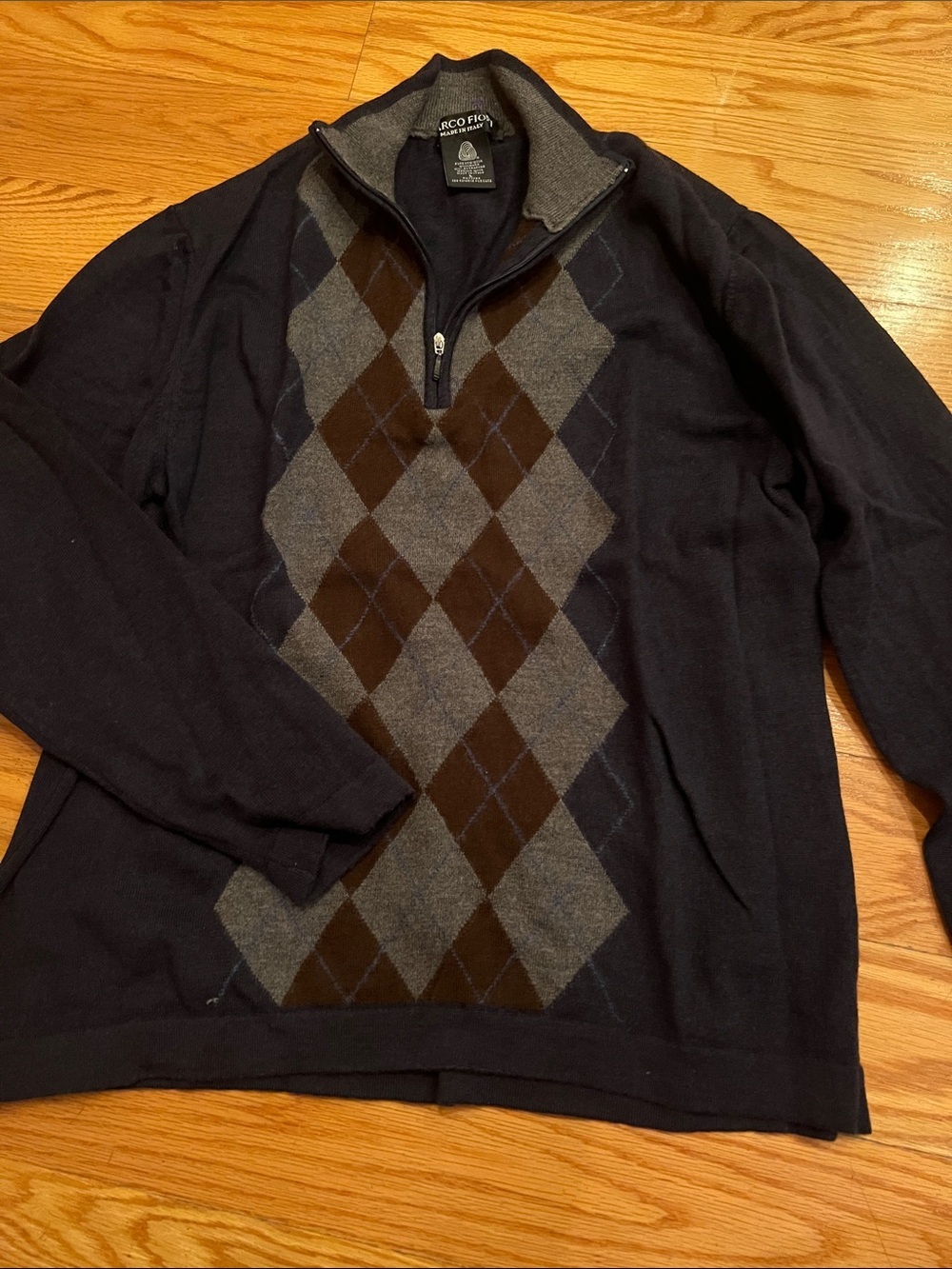 Marco Fiori Men's Navy Half-Zip Sweater with Gray and Brown Argyle